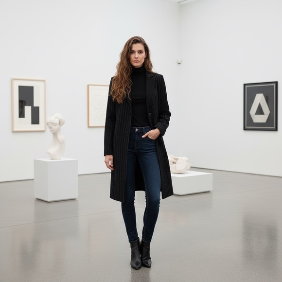 SANDRO Paris Felted Wool Long Coat Black Gray Pinstripe Stripe Size 1 / US 4 - Picture 1 of 15